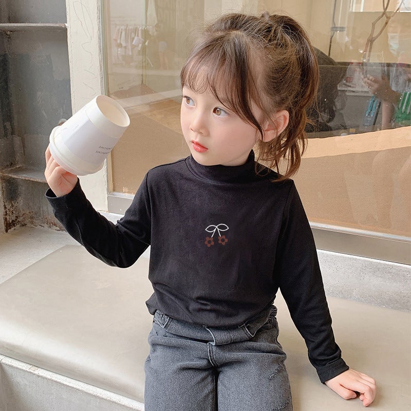Children'S Base Shirt Half-High Collar Girl'S White Baby'S Long-Sleeved T-Shirt De-Velvet Base T-Shirt - Image 1