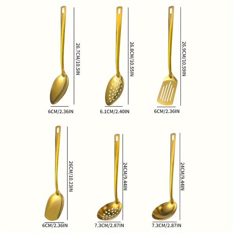 6pcs Black Thick Version Stainless Steel Slotted Serving Spoon Soup Ladle Skimmer Flat Spatula Stir Fry Skimmer Hotel Restaurant Household Cooking Utensil Set - Image 3