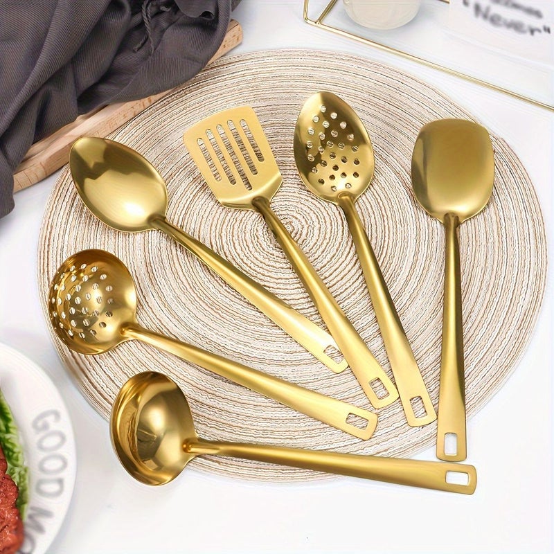 6pcs Black Thick Version Stainless Steel Slotted Serving Spoon Soup Ladle Skimmer Flat Spatula Stir Fry Skimmer Hotel Restaurant Household Cooking Utensil Set - Image 1