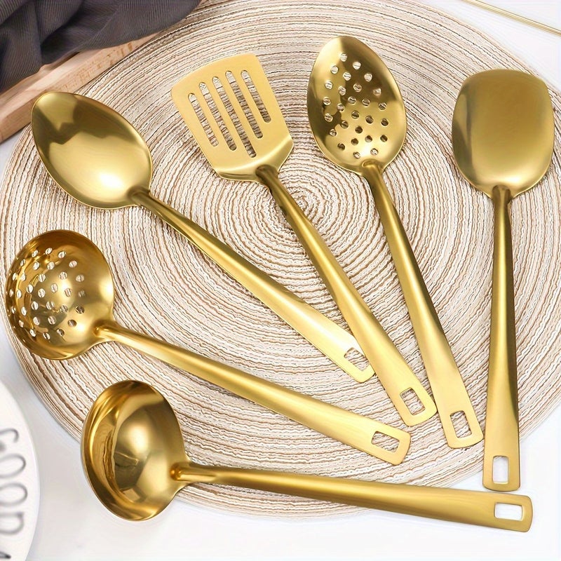6pcs Black Thick Version Stainless Steel Slotted Serving Spoon Soup Ladle Skimmer Flat Spatula Stir Fry Skimmer Hotel Restaurant Household Cooking Utensil Set - Image 4