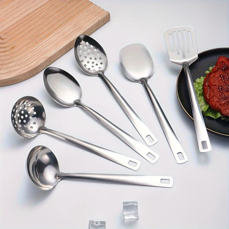 6pcs Black Thick Version Stainless Steel Slotted Serving Spoon Soup Ladle Skimmer Flat Spatula Stir Fry Skimmer Hotel Restaurant Household Cooking Utensil Set - Image 5