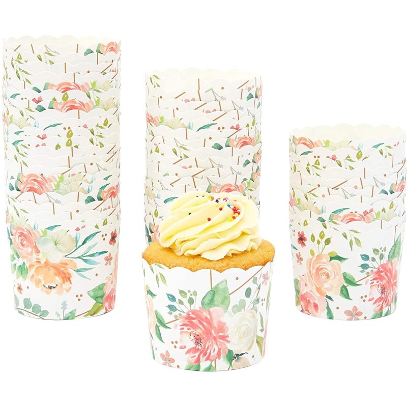Sparkle and Bash Sparkle and Bash 50Pack Vintage Style Floral Cupcake Wrappers for Wedding Flower Paper Baking Cups and Muffin Liners for Tea Parties Bridal Showers Baby Showers  Garden Parties 225 x 275 In 