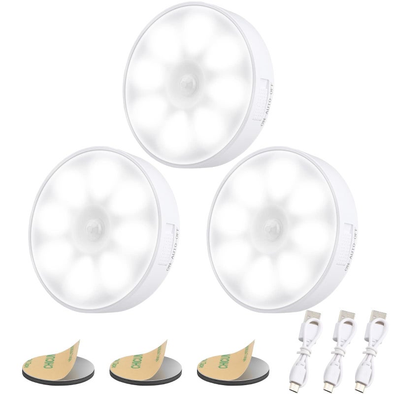 Electight Upgraded Motion Sensor Light 8 LEDs 3 Pack Rechargeable 120 Detection 3 Modes Closet Bedroom Stair Hallway Light 6000K Cold White