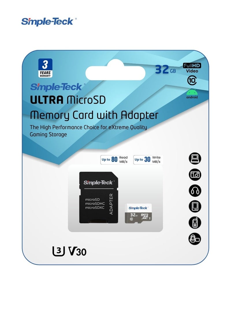 بطاقة ذاكرة Simple-Teck ULTRA بسعة 32 جيجابايت (microSD) من الفئات UHS-I U3 V30 A1 | سرعة قراءة تصل إلى 80 ميجابايت/ثانية | سرعة كتابة تصل إلى 30 ميجابايت/ثانية | مناسبة لتخزين مقاطع الفيديو بدقة Full HD والألعاب | تتضمن محول SD - Image 1