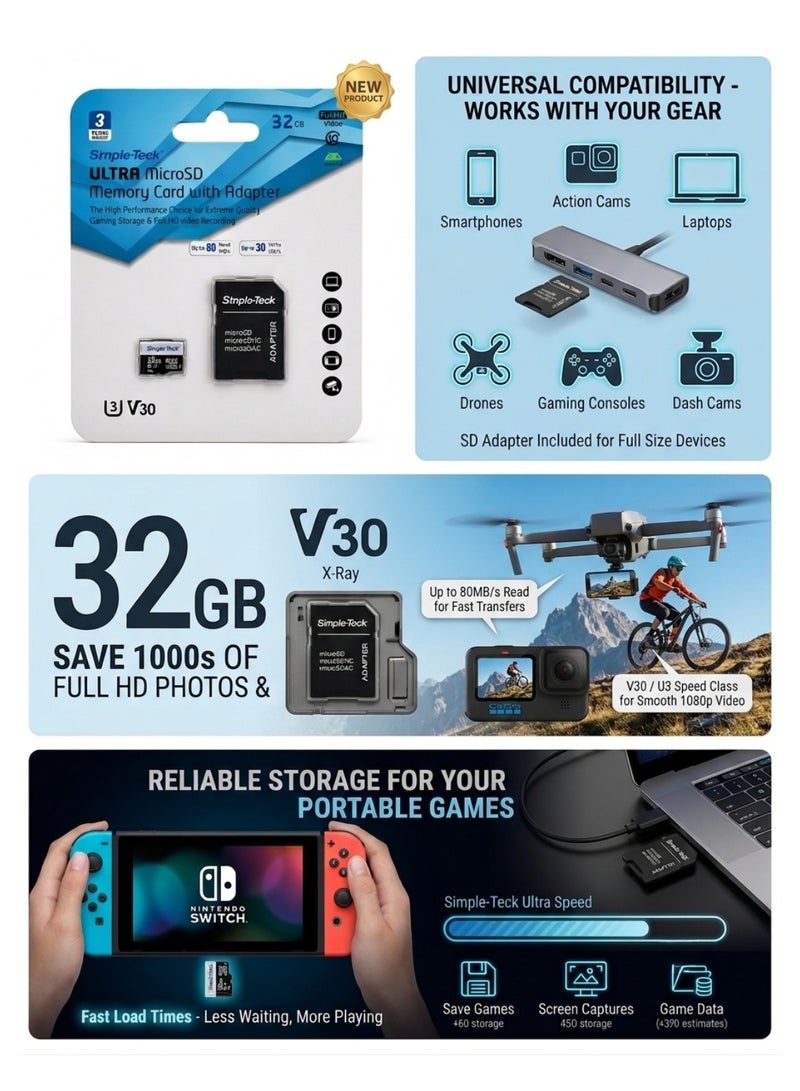 بطاقة ذاكرة Simple-Teck ULTRA بسعة 32 جيجابايت (microSD) من الفئات UHS-I U3 V30 A1 | سرعة قراءة تصل إلى 80 ميجابايت/ثانية | سرعة كتابة تصل إلى 30 ميجابايت/ثانية | مناسبة لتخزين مقاطع الفيديو بدقة Full HD والألعاب | تتضمن محول SD - Image 2