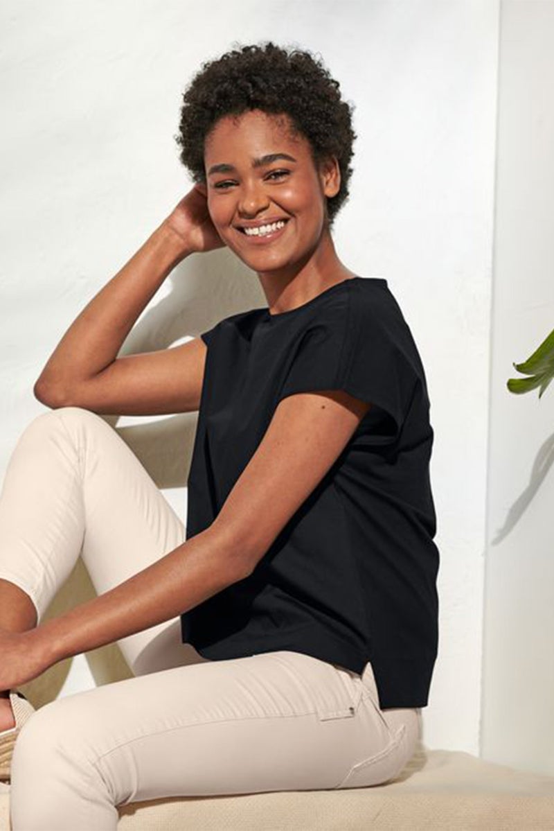 Tchibo Women Boat Neck Short Sleeve Solid Blouse, Black - Image 1