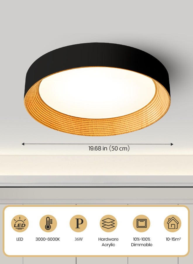 YATAI LIGHTING Modern LED Ceiling Light, Round 50cm Black and Wood Flush Mount Lamp, 36W Dimmable 3000K-6000K, Remote Control for Bedroom, Library, Drawing Room, Suitable for 10-15㎡ - Image 3