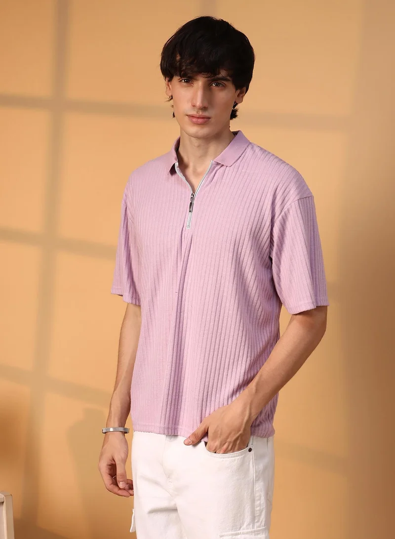 Campus Sutra Men's Lilac Ribbed Oversized Polo T-Shirt