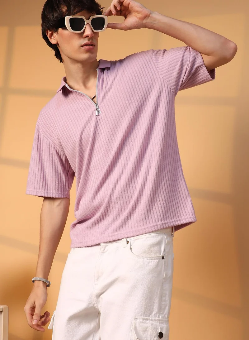 Men's Lilac Ribbed Oversized Polo T-Shirt