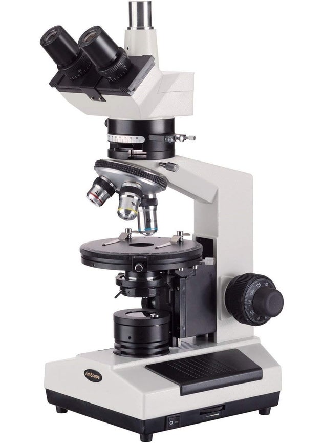 AmScope PZ200TA Polarizing Trinocular Microscope WF10x and WF16x Eyepieces 40X640X Magnification StrainFree Plan Achromatic Objectives Polarizing and Brightfield Configurations Halogen Illumination Bertrand Lens Abbe Condenser Round Graduated Stage 110V