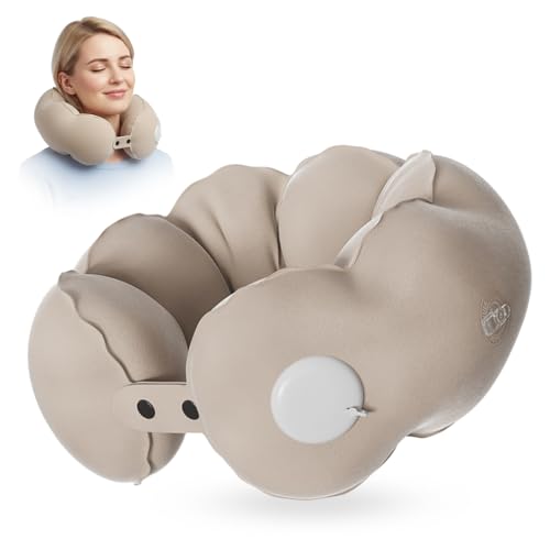 HANNEA® Inflatable Travel Pillow for Airplane, Soft Velvet Inflatable Travel Neck Pillow for Airplanes, Train, Car, Home and Office - Image 1