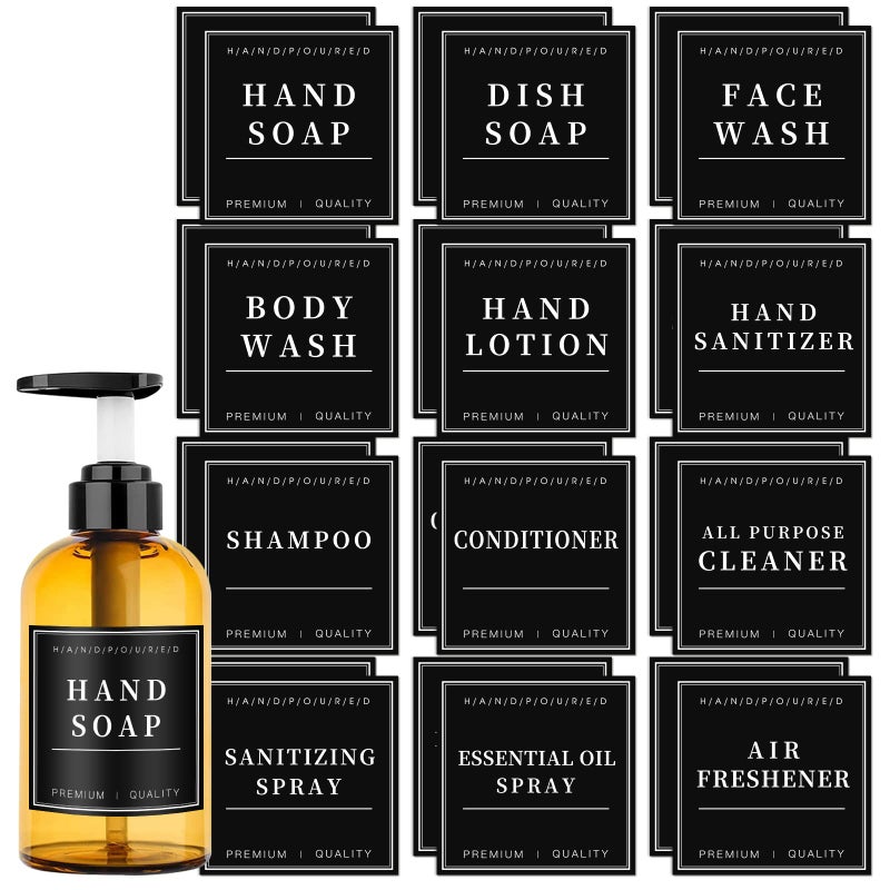 TESWEY 24PCS Waterproof Labels for Glass or Plastic Bottles Bathroom Hand Soap Shampoo Dispenser Label Stickers Removable Cleaning Labels for Soap Lotion Shampoo and Conditioner 3x3