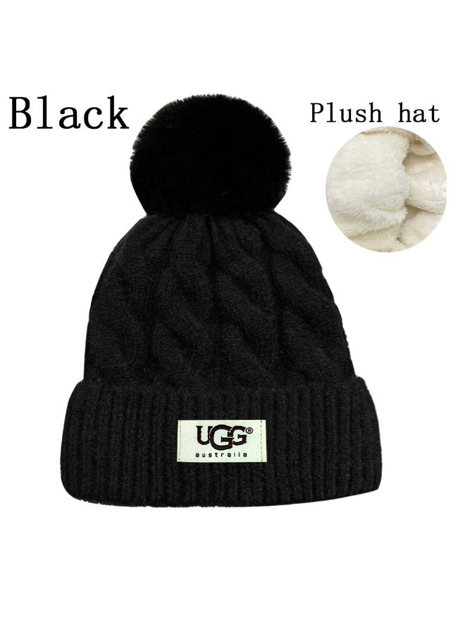 UGG Cozy Black Plush Knit Beanie with Fluffy Pom-Pom – Winter Warmth Must-Have 587Size
