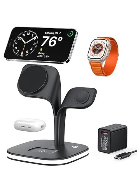 Wireless Charging Station for Magsafe Charger,Charging Station for Multiple Devices,Wireless Charger for iPhone 16/15/14/13/12 Series,Apple Watch Series 1-9,AirPods with LED and Adapter (Black)