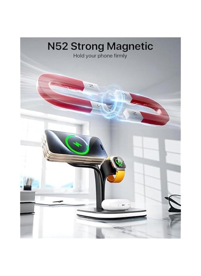 Wireless Charging Station for Magsafe Charger,Charging Station for Multiple Devices,Wireless Charger for iPhone 16/15/14/13/12 Series,Apple Watch Series 1-9,AirPods with LED and Adapter (Black)