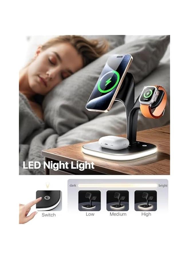 Wireless Charging Station for Magsafe Charger,Charging Station for Multiple Devices,Wireless Charger for iPhone 16/15/14/13/12 Series,Apple Watch Series 1-9,AirPods with LED and Adapter (Black)