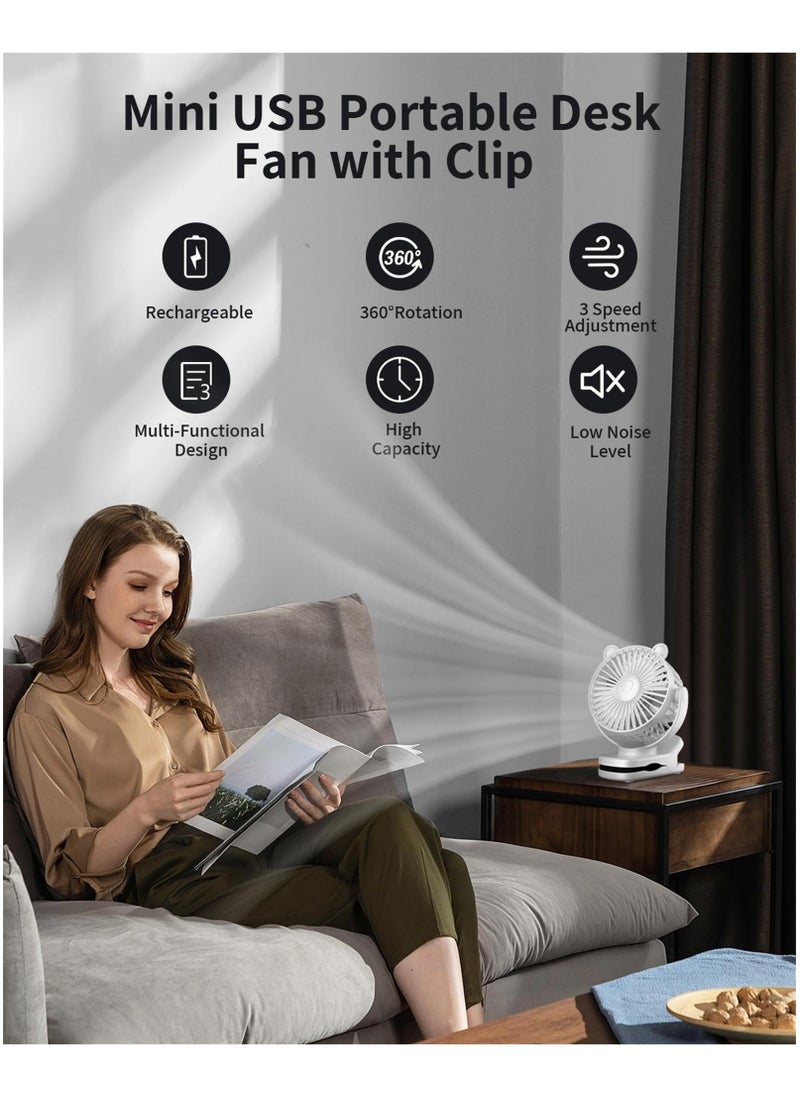 sokany Portable Clip on Fan, Small Desk Fan Battery Operated, 360° Rotation, Bear Design, 3 Speed, Mini Table Fan USB Rechargeable, For Home Office Outdoor Travel (White)  - Image 2