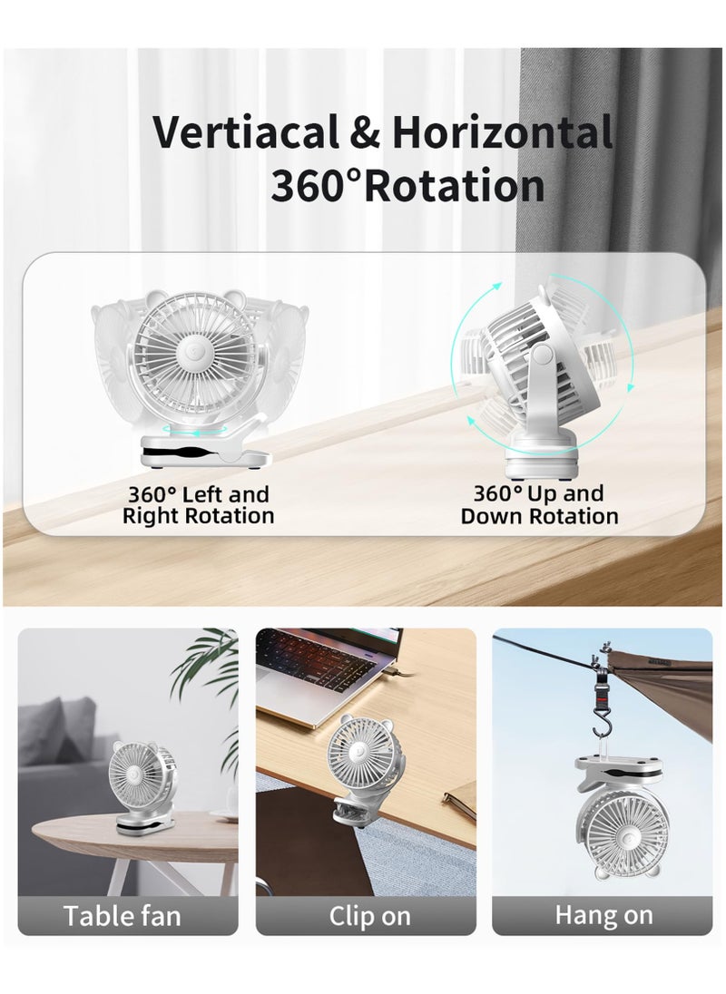 sokany Portable Clip on Fan, Small Desk Fan Battery Operated, 360° Rotation, Bear Design, 3 Speed, Mini Table Fan USB Rechargeable, For Home Office Outdoor Travel (White)  - Image 5