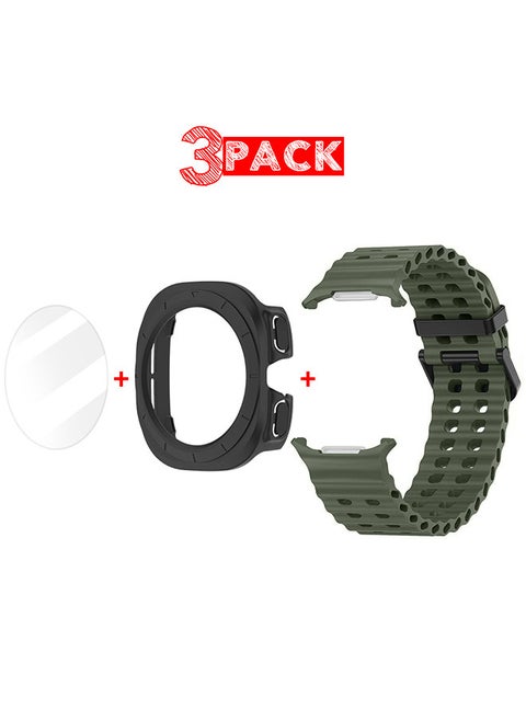 (for Samsung Galaxy Watch 7 Ultra) 3 Packs Silicone Band, Case and Screen Protector, Soft Ocean Silicone Sport Strap Replacement Accessory