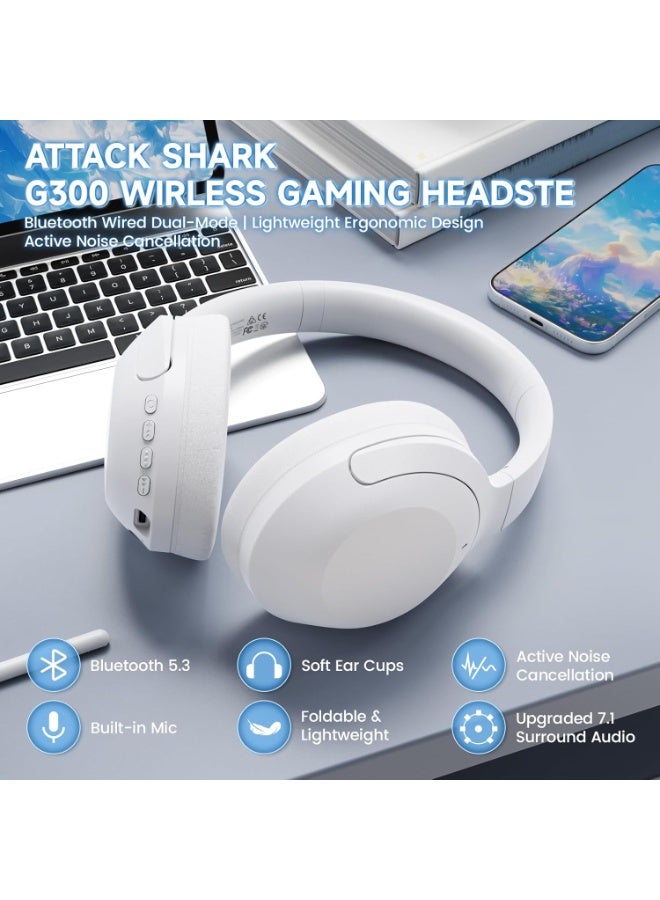 ATTACK SHARK G300 Wireless Over-Ear Headphones with Active Noise Cancelling,Bluetooth 5.3,40H Playtime,Deep Bass HD Stereo Sound,Built-in Mic,Comfortable Design for Travel/Home Office/Gaming (White) - Image 2