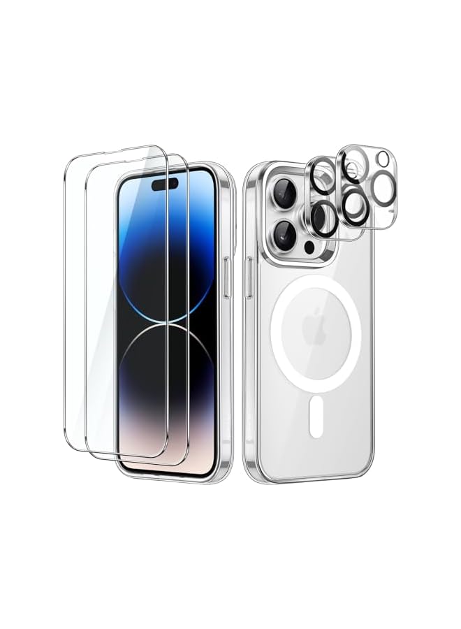 جي تيك حافظة JETech 5 في 1 مغناطيسية لهاتف iPhone 14 Pro مقاس 6.1 بوصة مع واقي شاشة من الزجاج المقوى وواقي عدسة الكاميرا، متوافق مع MagSafe، غطاء هاتف ممتص للصدمات (شفاف) - Image 1