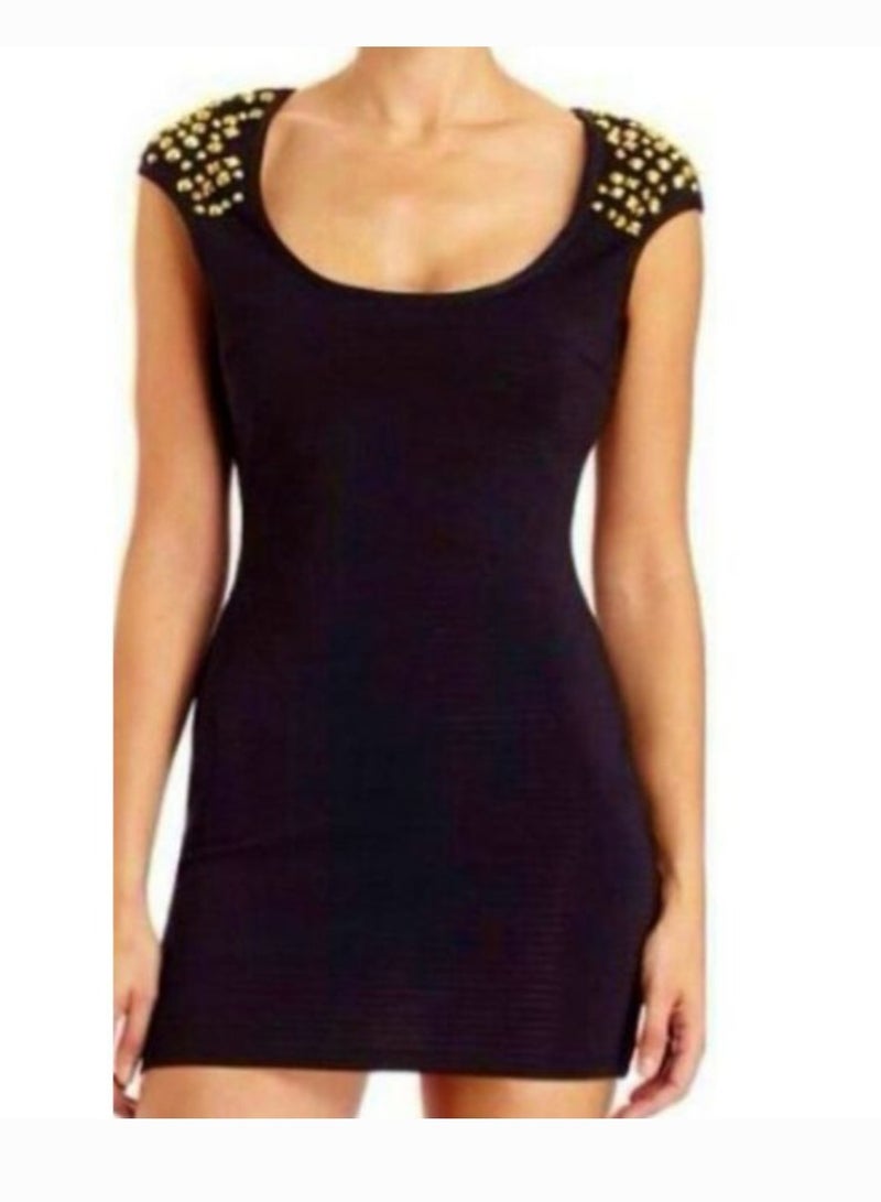 Women black spandex lycra party bodycon short dress with shoulder studs  - Image 1