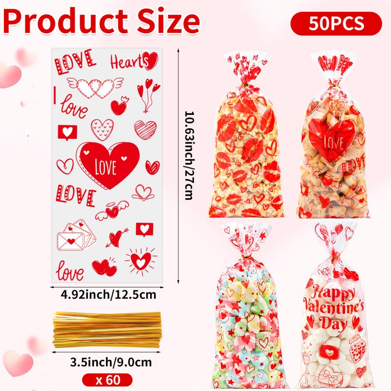 ZYLOP 50PCS Valentines Goodie Bags - 5 x 11 Plastic Valentines Cellophane Treat Bags with Twist Ties, Red Heart & Love Design Valentine Candy Bags for Kids Classroom Exchange, Party Favors, Gifts, Cookies - Image 2
