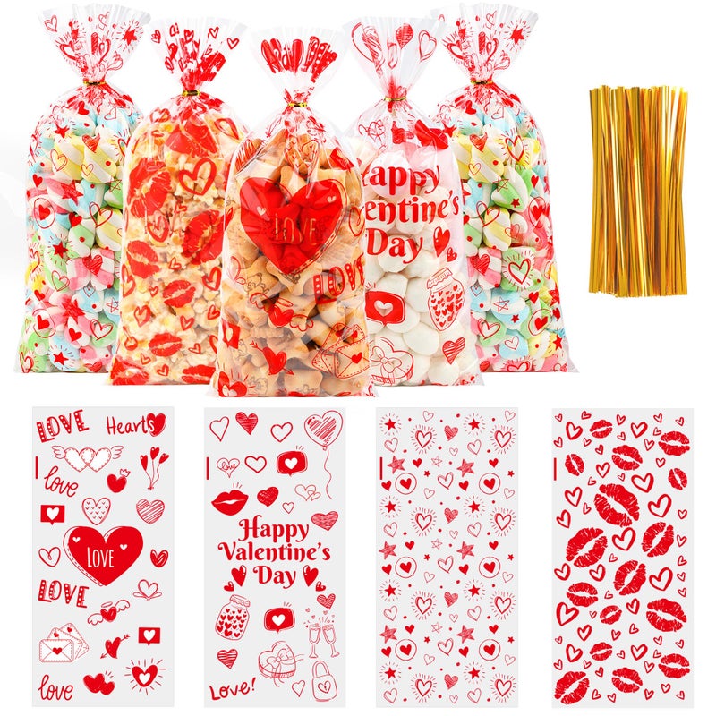 ZYLOP 50PCS Valentines Goodie Bags - 5 x 11 Plastic Valentines Cellophane Treat Bags with Twist Ties, Red Heart & Love Design Valentine Candy Bags for Kids Classroom Exchange, Party Favors, Gifts, Cookies - Image 1