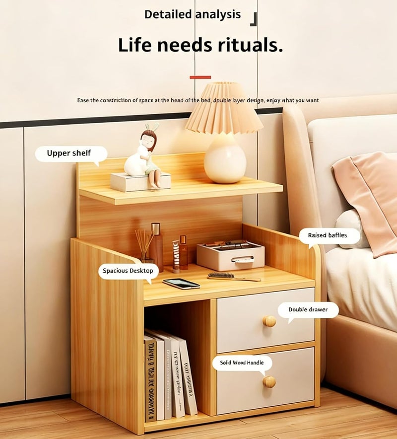 NIUB Minimalist Bedside Table, 42×26×60cm Walnut Bedside Nightstand with 2 Drawers and 1 Open Shelf, Thickened Wooden Bedroom Storage Cabinet, Bedside Cabinet - Rounded Corners for Home, Office, Dormitory - Image 5