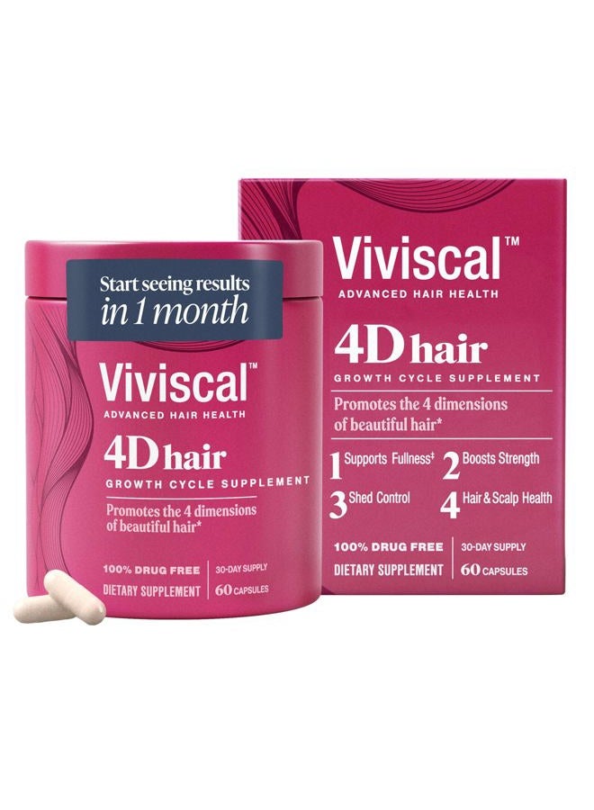 Viviscal مكملات دورة نمو الشعر 4D للنساء لشعر كامل وقوي وصحي؛ مصنوعة من الكيراتين وفيتامين A والبيوتين والزنك، إمداد لمدة 30 يومًا، 60 حبة - Image 1