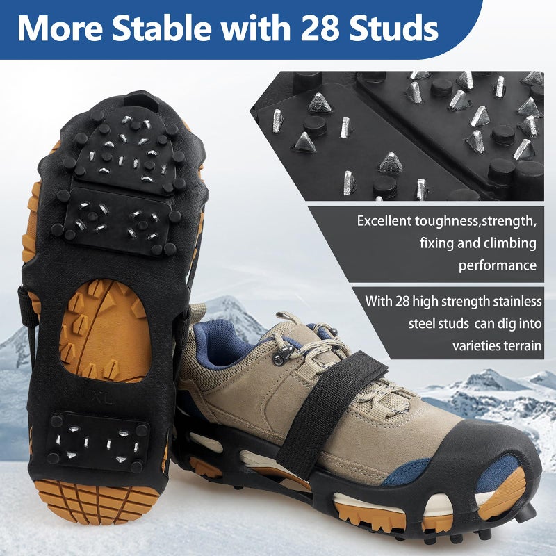 JSHANMEI Ice Cleats, Crampons Ice Cleats for Shoes and Boots Men Women Kids, Anti Slip 28 Shoe Spikes for Snow and Ice, Non Slip Snow Cleats with Straps for Winter Walking Hiking Fishing - Image 2