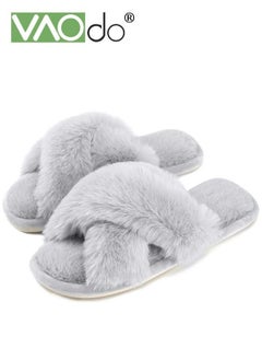 VAOdo Womens Fuzzy Memory Foam Slippers Cross Band Cozy Plush Home Slippers Fluffy Furry Open Toe House Shoes Indoor Outdoor Slide Slipper Grey  - Image 4