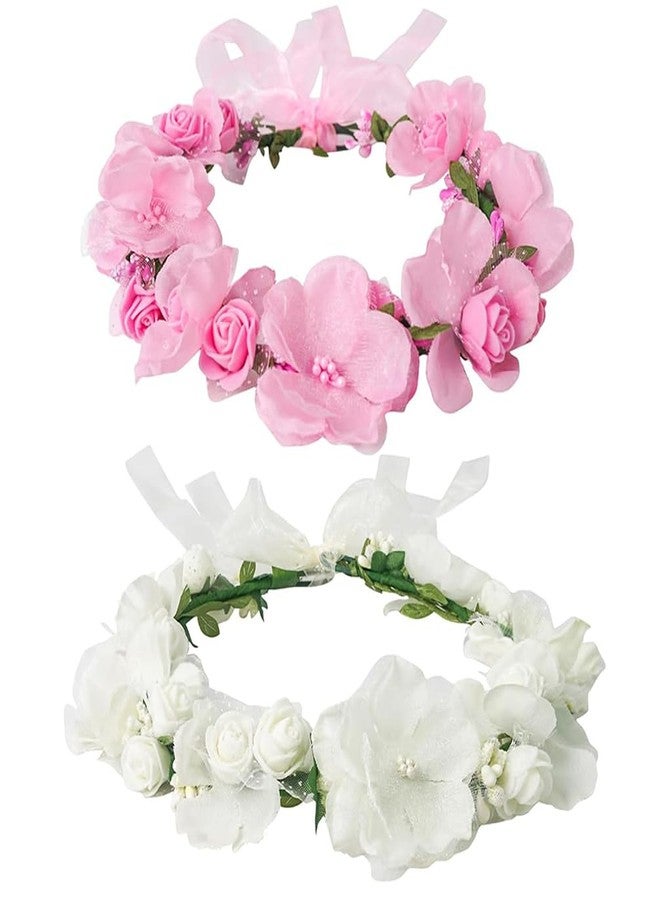 Luwint Flower Crown for Girls, 2Pcs Floral Headband Headpiece for Women, Pink & White - Image 1