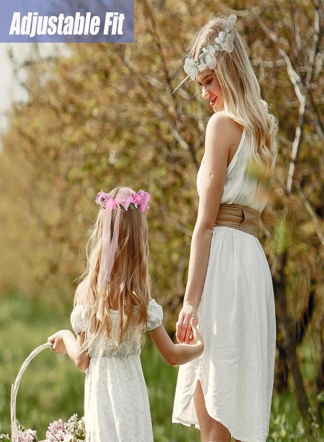 Luwint Flower Crown for Girls, 2Pcs Floral Headband Headpiece for Women, Pink & White - Image 2