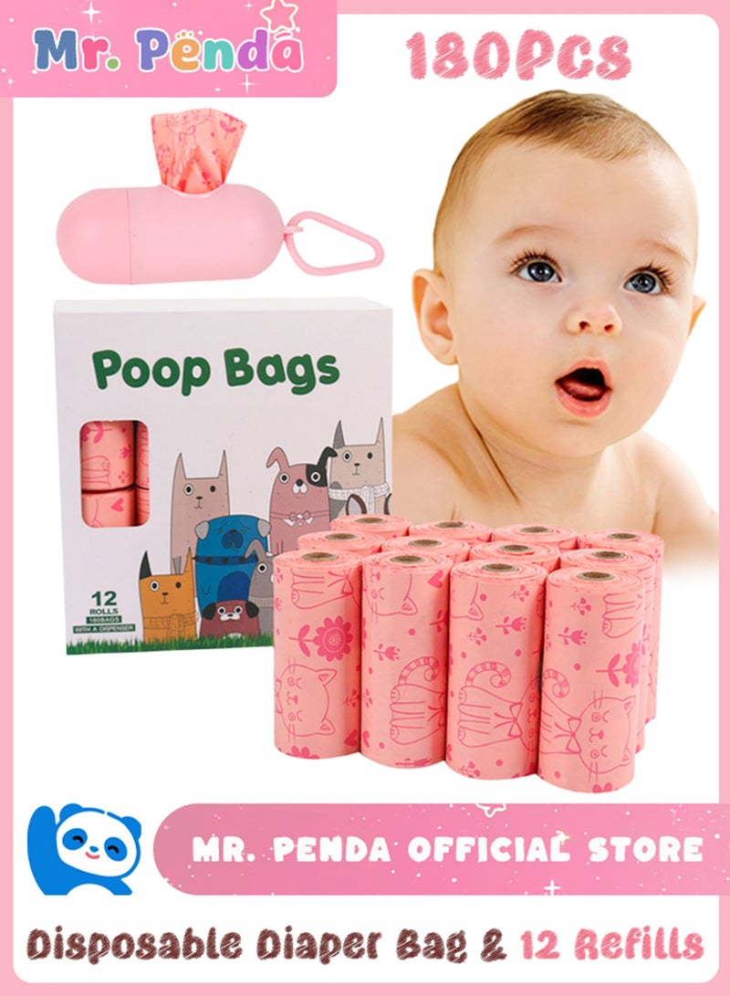 Mr. Penda 180PCS Diaper Bag Refills, Biodegradable baby diaper bag, Complimentary trash bag dispenser, Lemon Scented Diaper Bags Disposable for Nappies, Rubbish (Pink)  - Image 1