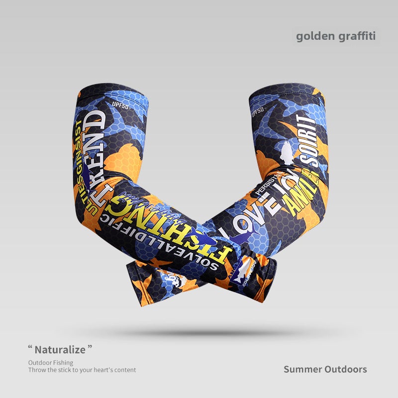 Summer Fishing UV Protection Arm Sleeves for Men Golden graffiti  - Image 1