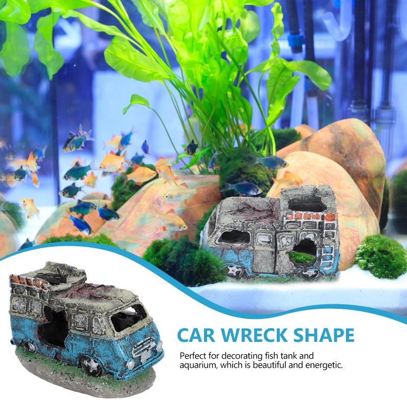 Aquarium Fish Ornament Resin Car Wreck Shape Ornament Hiding Cave Decor - Image 2
