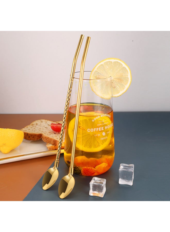Cross-border 304 Stainless Steel Multi-purpose Straw Spoon Milk Tea Coffee Stirring Pointed Straw Spoon Support Logo-Color:Color-Specifications:Threaded Curved Straw Spoon - Image 1