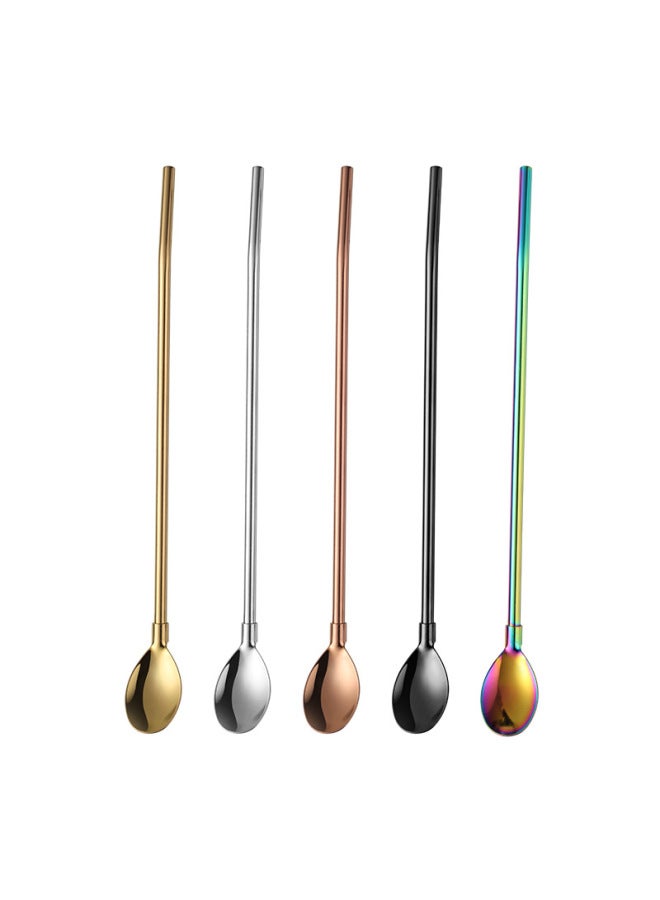Cross-border 304 Stainless Steel Multi-purpose Straw Spoon Milk Tea Coffee Stirring Pointed Straw Spoon Support Logo-Color:Color-Specifications:Threaded Curved Straw Spoon - Image 5