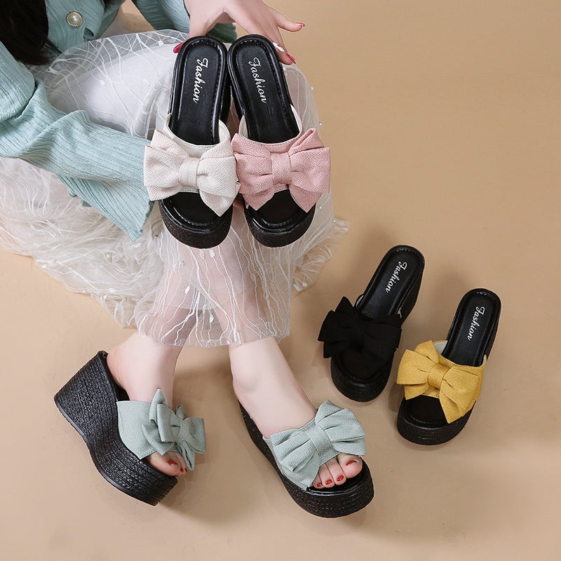 2022 Summer New Wedge Bow Songpai Heel Foreign Trade Large Size Women''s Sandals and Slippers Outer Wear Beach Shoes - Image 3