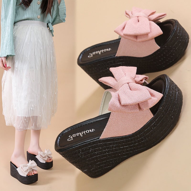 2022 Summer New Wedge Bow Songpai Heel Foreign Trade Large Size Women''s Sandals and Slippers Outer Wear Beach Shoes - Image 4