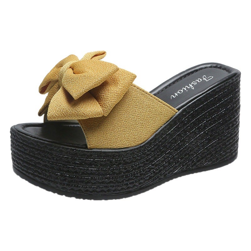 2022 Summer New Wedge Bow Songpai Heel Foreign Trade Large Size Women''s Sandals and Slippers Outer Wear Beach Shoes - Image 2