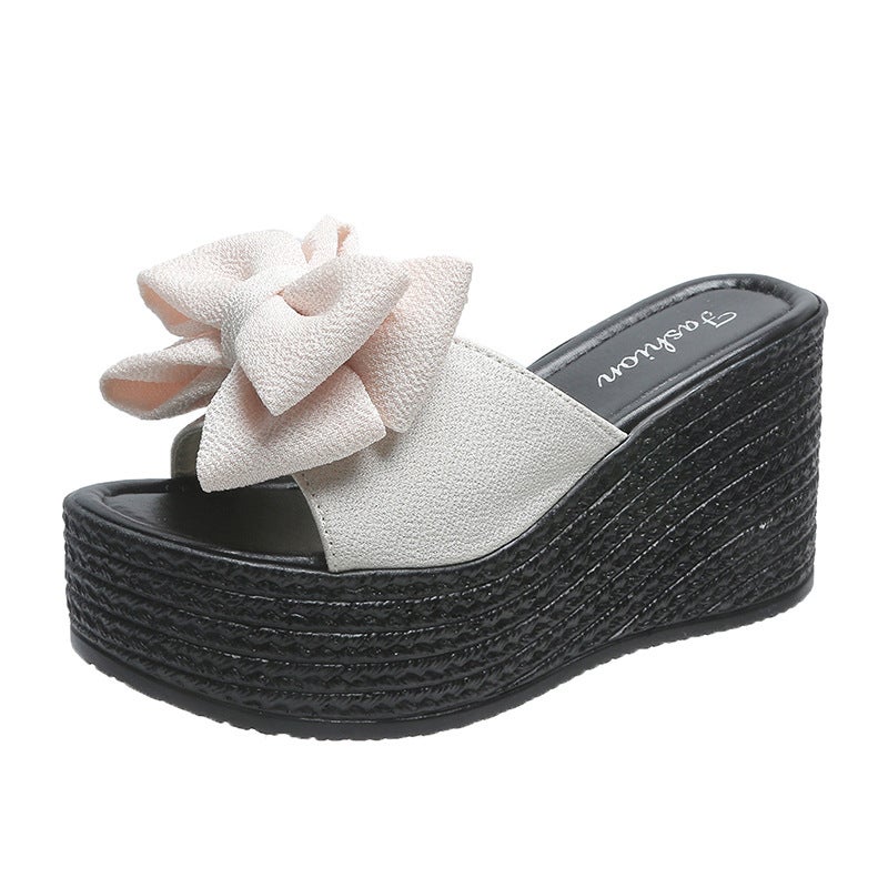 2022 Summer New Wedge Bow Songpai Heel Foreign Trade Large Size Women''s Sandals and Slippers Outer Wear Beach Shoes - Image 1