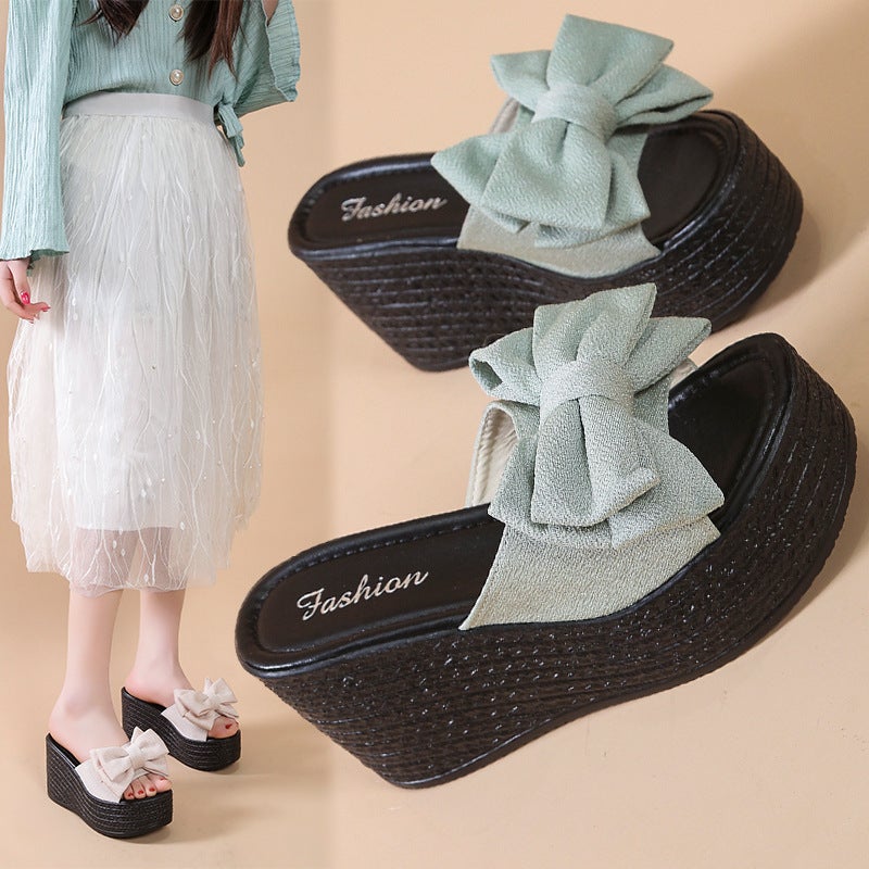 2022 Summer New Wedge Bow Songpai Heel Foreign Trade Large Size Women''s Sandals and Slippers Outer Wear Beach Shoes - Image 5