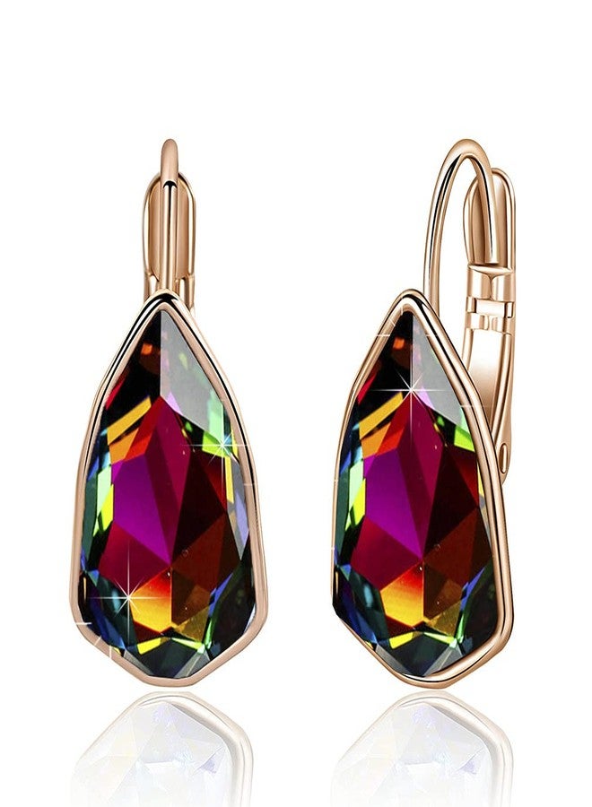 EVEVIC Austrian Crystal Triangle Leverback Drop Earrings for Women 14K Rose Gold Plated Hypoallergenic Jewelry (Vitrail Medium) - Image 1