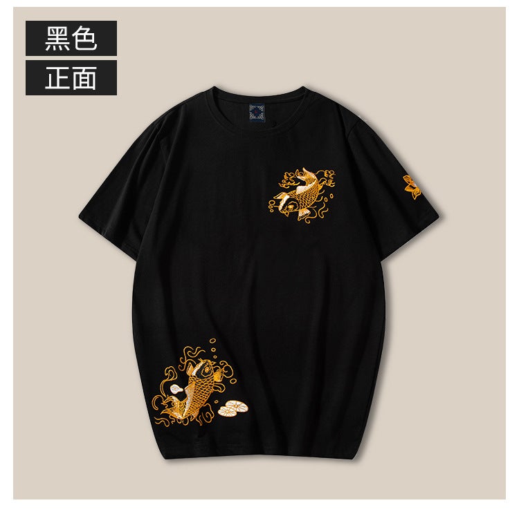 New Men'S T-Shirt Chinese Style Knitted Cotton Embroidered Men'S Short-Sleeved T-Shirt Round Neck Fashion National Trend Top Koi Fish - Image 3