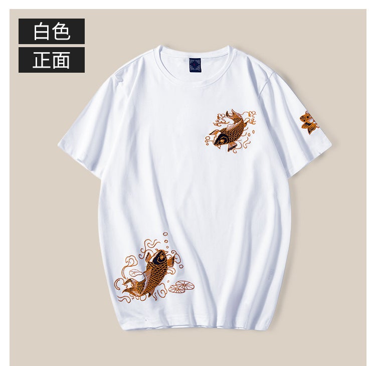 New Men'S T-Shirt Chinese Style Knitted Cotton Embroidered Men'S Short-Sleeved T-Shirt Round Neck Fashion National Trend Top Koi Fish - Image 1