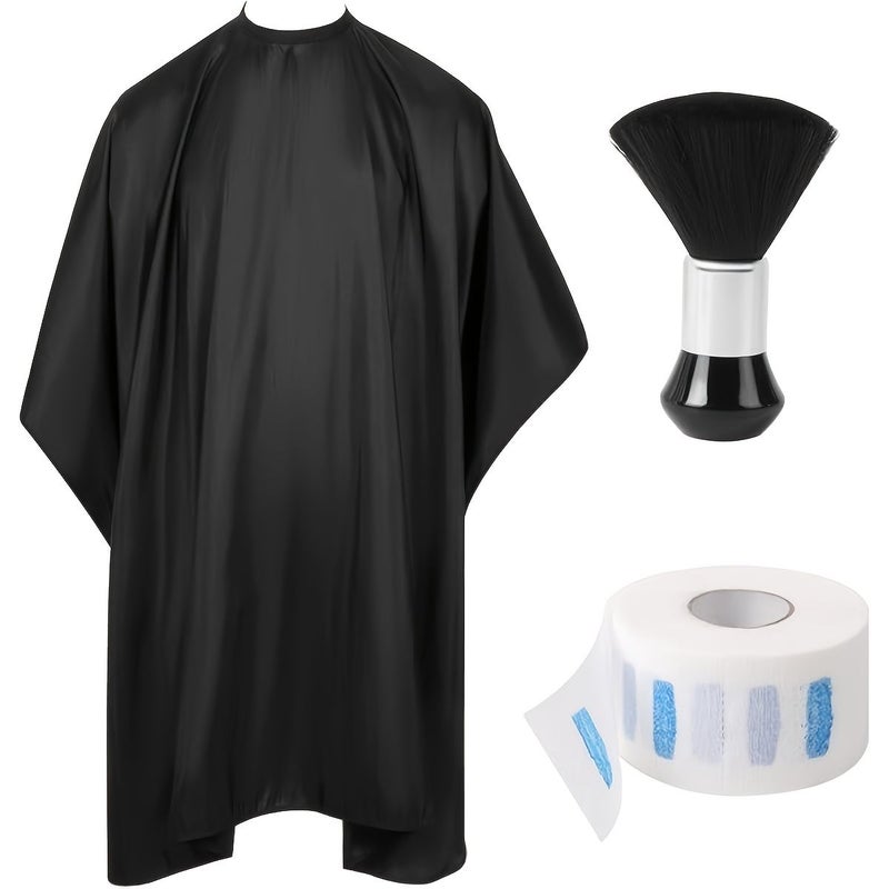 Barber Cape Set With Dust Removal Brush Disposable Neck Strips Haircut Cape for Men Women Black - Image 1