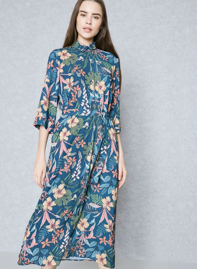Ginger Tropical Print Self Tie Shirt Midaxi Dress