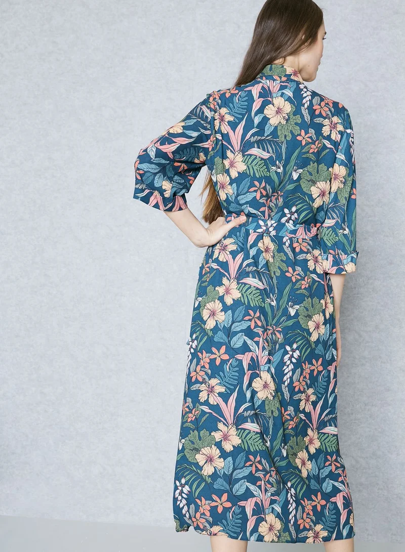 Ginger Tropical Print Self Tie Shirt Midaxi Dress